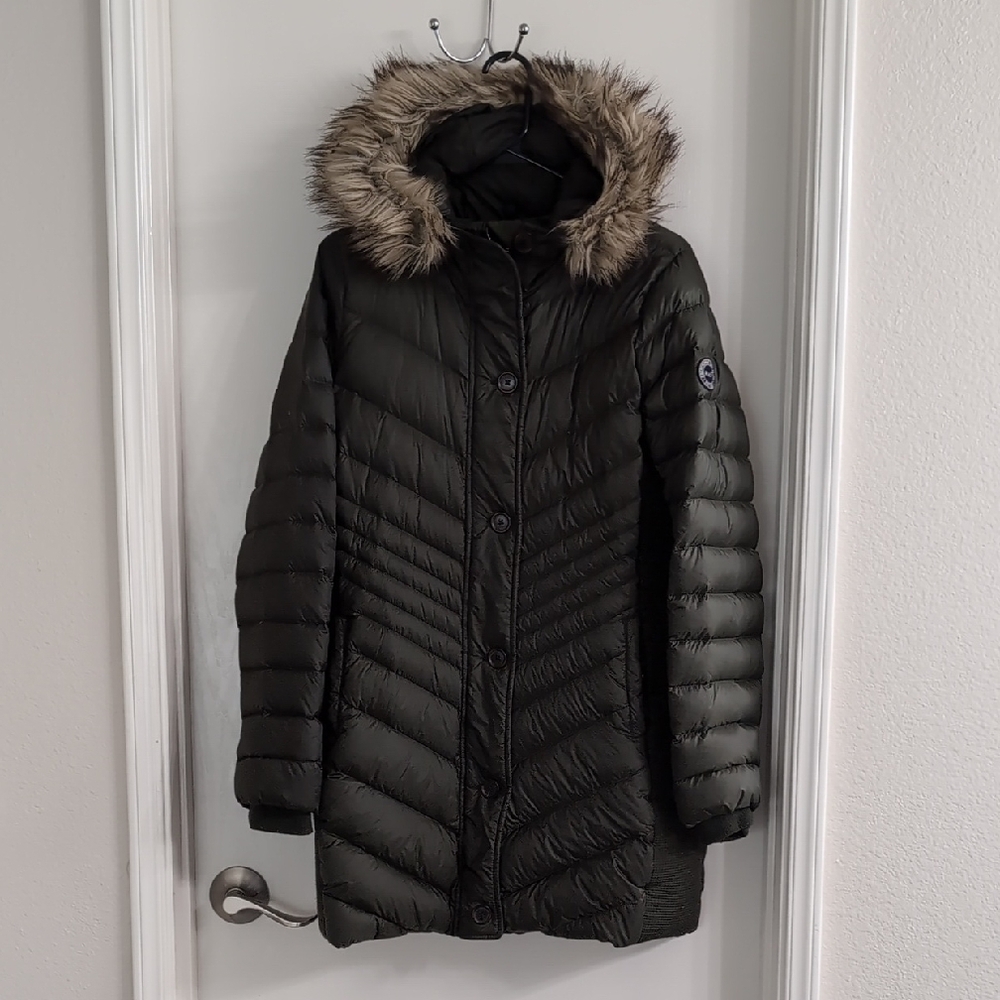 Women's Olive Green Down Puffer Coat with Fur Hood